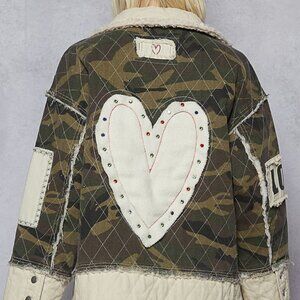 POL Camo Patchwork, Fleece Studded Heart Jacket. STATEMENT PIECE